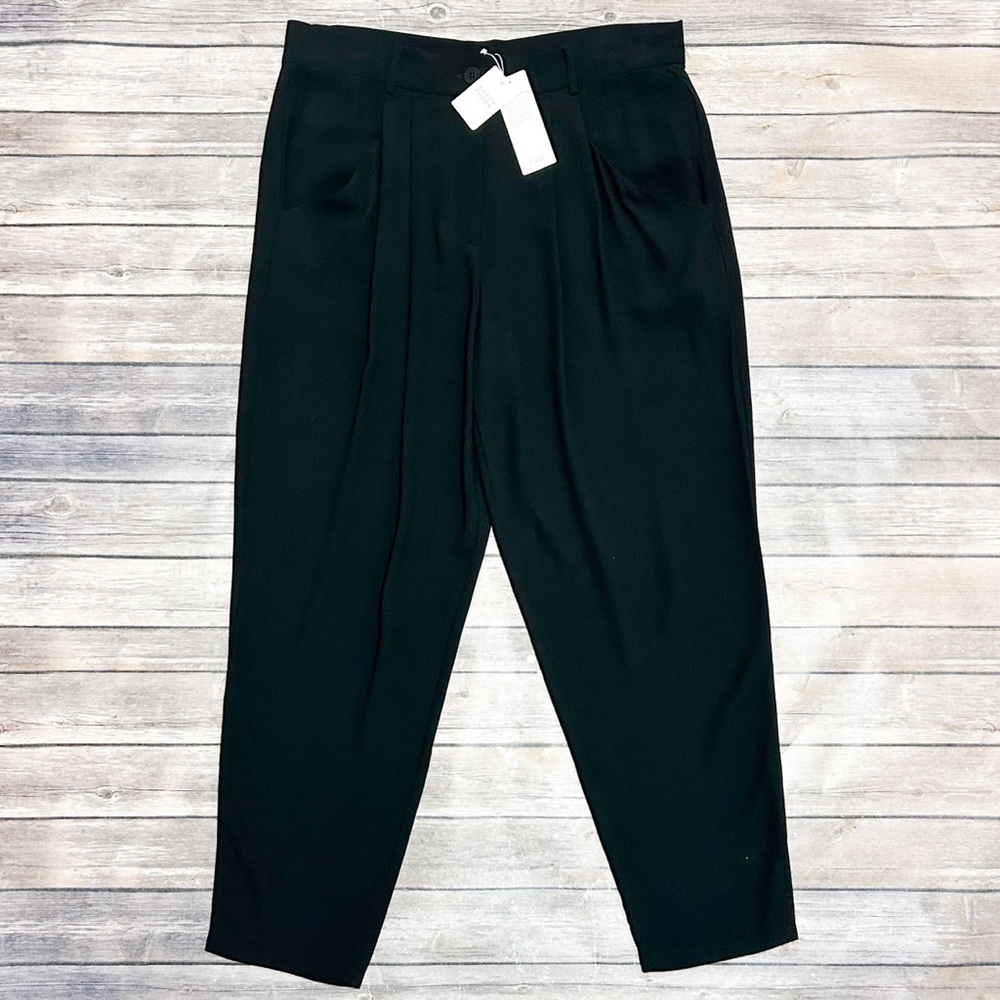 Eileen Fisher Black Silk Pleated Tapered Ankle Length Georgette Crepe Pants NWT